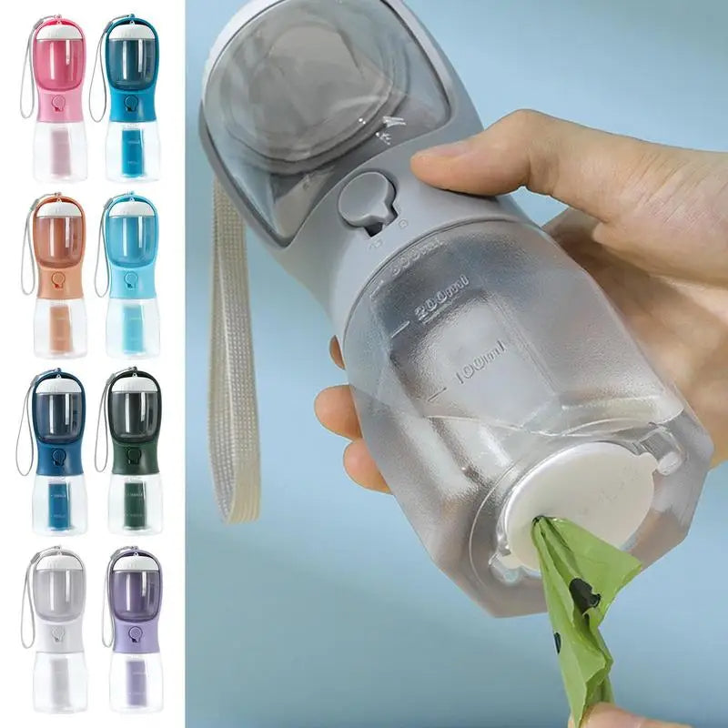 Dog water cup with built in garbage bag dispenser for walks