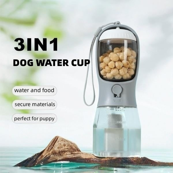 Dog travel water cup with food compartment and waste bag holder